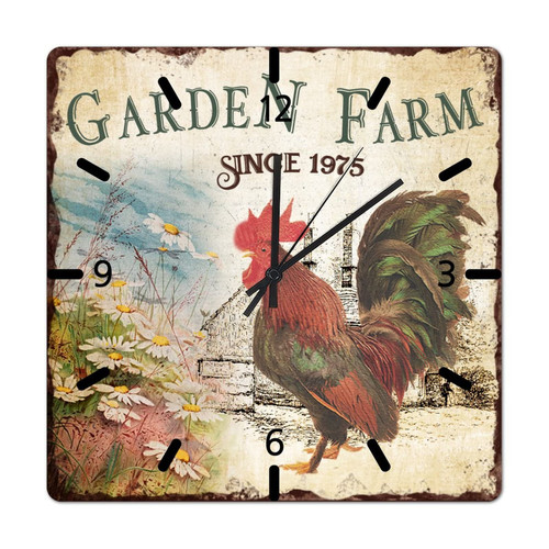 Evans1nism 10in Wood Wall Clock Country Chicken Wall Clock Garden Farm Since 1975 Large Wall Clock Silent & Non-Ticking Battery Operated Vintage Rooster Wooden Wall Clocks for Half Bath Condo Pool