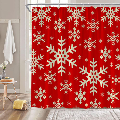 Christmas Snowflake Shower Curtain Red Gold Snowflake Merry Christmas Winter Holiday Happy New Year Fabric Bathroom Decor Curtain Sets with Hooks