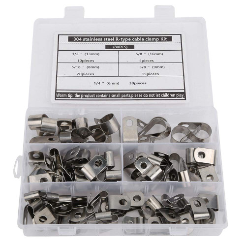 80PCs Stainless Steel R-Type Clip Cable Clamp Kit Tube Holder for Tube Pipe or Wire Cord Installation, Hose And Cable Clamps