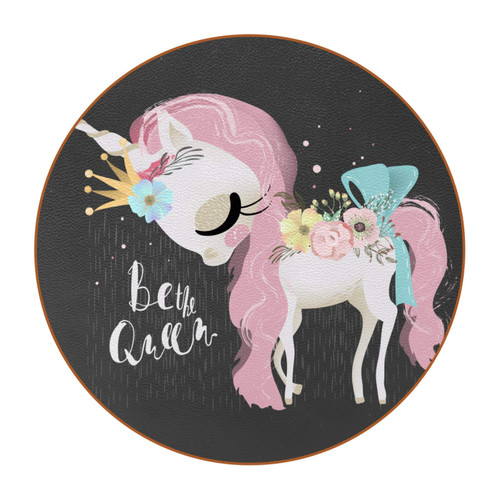 Coasters for Drinks Set of 6,Unicorn Grey Round Leather Coaster,Customized Gift for Birthday, Housewarming, Room Decor, Bar