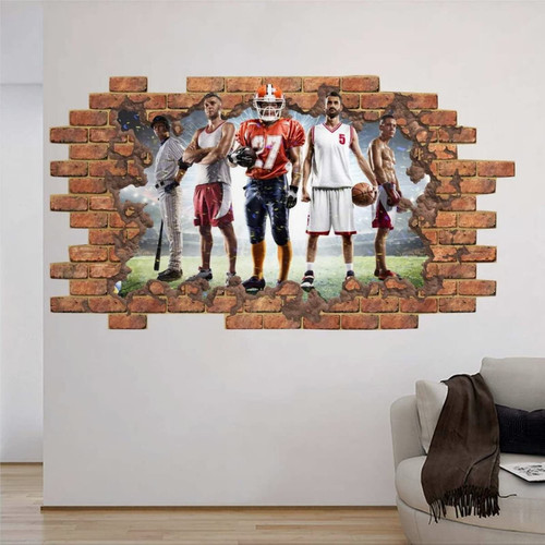 Players Wall Decal Hole in The Decal Sports Wall Mural Peel And Stick Arena Sport Wall Stickers Boys Bedroom Decor Wall Stickers Mural Smashed Wall Art Removable Poster Vinyl decals,32'' aw426