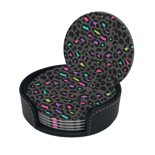 Round Coaster Set of 6 with Holder Popular-Leopard-Grey-Effect Leather Coasters for Drinks