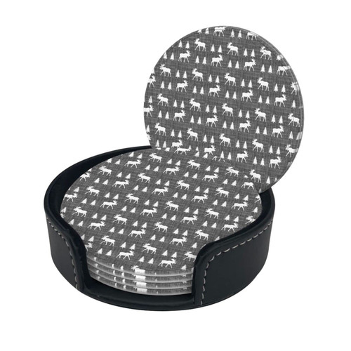Round Coaster Set of 6 with Holder Moose-Trot-Vintage-Grey Leather Coasters for Drinks