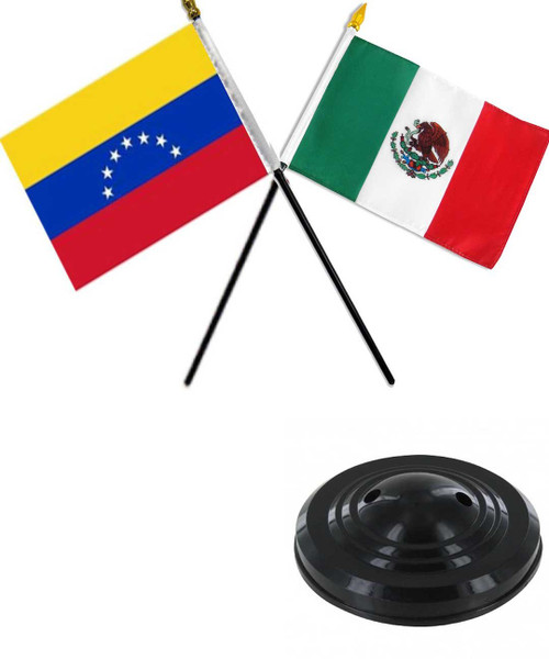 AES Venezuela 7 & Mexico Mexican 4"x6" Flag Desk Set Table Stick Black Base