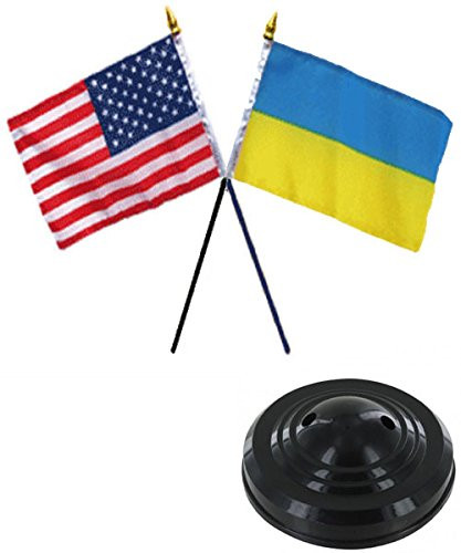 USA American & Ukraine 4"x6" Flag Desk Set Table Stick Black Base