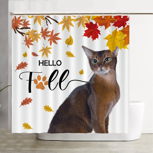 COVOME Autumn Maple Leaves Harvest Funny Cute Animals Bathroom Curtains Shower Hello Fall Cat Maple Leaves Thanksgiving Shower Curtain Polyester Fabric Bathroom Curtain Decor 72 X 72 Inches