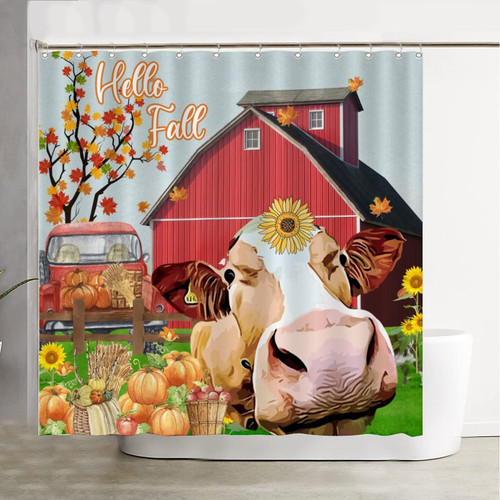 COVOME Hello Fall Farm Autumn Thanksgiving Shower Curtain Farm Cow Thanksgiving Barn Pumpkin Curtain Shower Waterproof Polyester Fabric 12 Hooks Included 72 by 72 for Bathroom Showers and Bathtubs