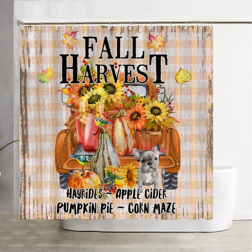 Buffalo Plaid Pumpkin Truck Autumn Thanksgiving Harvest Sunflower Curtain Bathroom Fall Harvest Buffalo Check Plaid Shower Curtain with Hooks Polyester Fabric Bathroom Curtain Decor 72 X 72 Inches