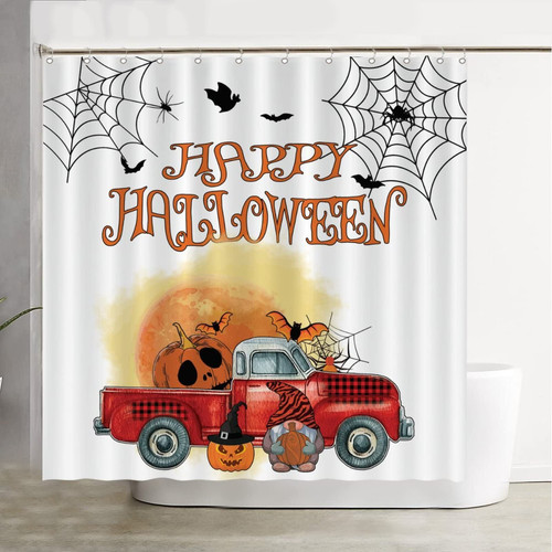 COVOME Happy Halloween Modern Shower Curtain, Gnomes Pumpkin Truck Boo Ghost Bat Spider Web Hocus Pocus Halloween Shower Curtain Bathroom Curtain Decor 72 X 72 Easy Care Fabric with 12 Hooks