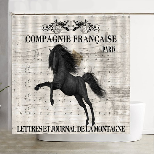 COVOME Shabby Chic Horse Fabric Shower Curtains French Farmhouse Music Sheet with Horse Shower Curtain with Grommets and Hooks Waterproof with Reinforced Buttonholes Bathroom Curtain Decor 72 Inch
