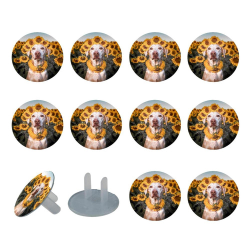 Outlet Plug Covers 24 Pack, Sunflower Blooming Dog Plug Protector, 2-Prong Round Plastic Plugs for Electrical Power Outlets, Electrical Insulation