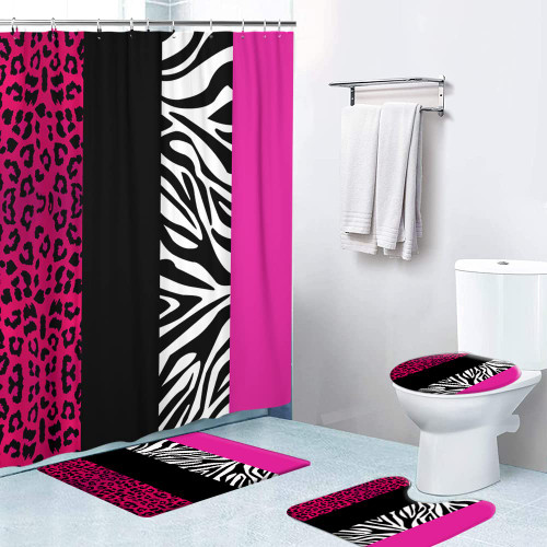 LOKMU 4 Pcs Shower Curtain Sets with Non-Slip Rugs,Toilet Lid Cover and Bath Mat,Pink Leopard Print Waterproof Shower Curtain with 12 Hooks, Bathroom Decor Sets, 72"x 72"