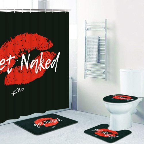 Get Naked Shower Curtain Sets with Non-Slip Rugs, Toilet Lid Cover and Bath Mat, Sexy Lips Shower Curtains with 12 Hooks, Funny Kiss Durable Waterproof Bath Curtain(70 X 69 inches, Black)