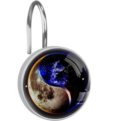 Shower Curtain Hooks Round Crystal Glass, Set of 12 Shower Curtain Rings - Shower Hooks for Curtain Shower Rings, 3D Yin Yang Moon Earth