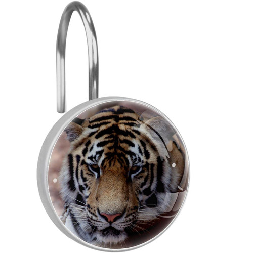 Shower Curtain Hooks Round Crystal Glass, Set of 12 Shower Curtain Rings - Shower Hooks for Curtain Shower Rings, Asian Tiger