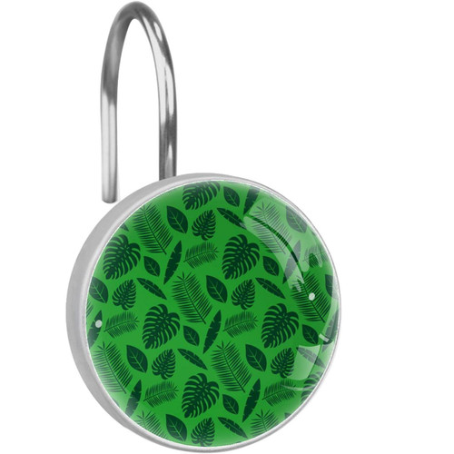 Shower Curtain Hooks Round Crystal Glass, Set of 12 Shower Curtain Rings - Shower Hooks for Curtain Shower Rings, Various Green Leaves Pattern