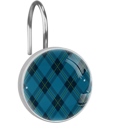 Shower Curtain Hooks Round Crystal Glass, Set of 12 Shower Curtain Rings - Shower Hooks for Curtain Shower Rings, Tartan Plaid Cross Blue Pattern