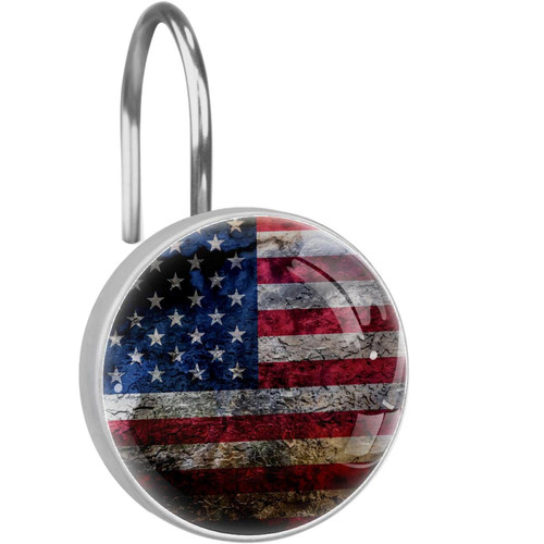 Shower Curtain Hooks Round Crystal Glass, Set of 12 Shower Curtain Rings - Shower Hooks for Curtain Shower Rings, Vintage American Flag