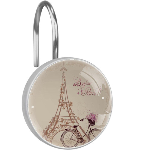 Shower Curtain Hooks Round Crystal Glass, Set of 12 Shower Curtain Rings - Shower Hooks for Curtain Shower Rings, Paris Eiffel Tower Bicycle