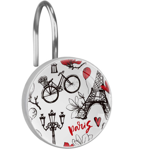 Shower Curtain Hooks Round Crystal Glass, Set of 12 Shower Curtain Rings - Shower Hooks for Curtain Shower Rings, Paris Eiffel Tower Bicycle Love Pattern