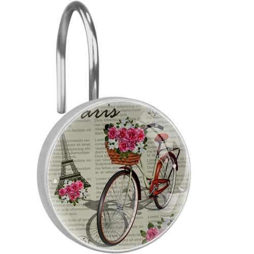 Shower Curtain Hooks Round Crystal Glass, Set of 12 Shower Curtain Rings - Shower Hooks for Curtain Shower Rings, Vintage Paris Eiffel Tower Bicycle