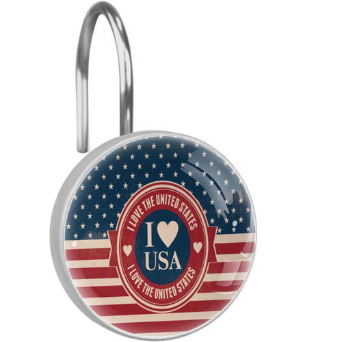 Shower Curtain Hooks Round Crystal Glass, Set of 12 Shower Curtain Rings - Shower Hooks for Curtain Shower Rings, I Love USA American Flag Stripe Star