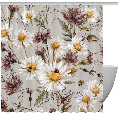 VAPOKF Shower Curtain for Bathroom Decor, Blooming Chamomile and Daisies Waterproof Polyester Fabric Bath Curtain Set with 12 Hooks - 66x72 Inches