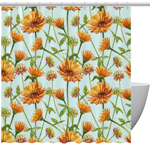 VAPOKF Shower Curtain for Bathroom Decor, Watercolor Botanical Calendula Waterproof Polyester Fabric Bath Curtain Set with 12 Hooks - 66x72 Inches