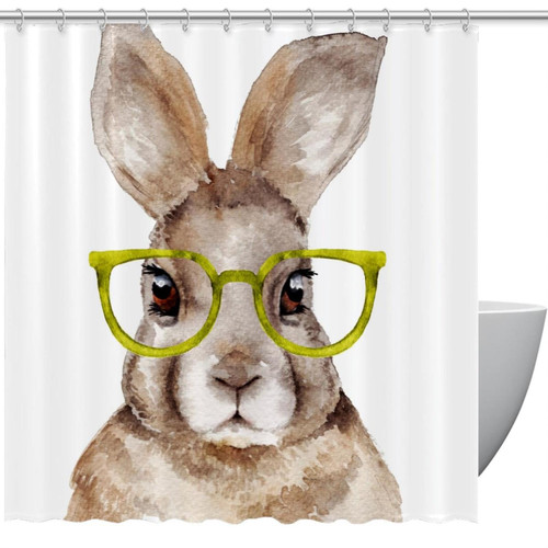 VAPOKF Shower Curtain for Bathroom Decor, Rabbit in Yellow Glasses Waterproof Polyester Fabric Bath Curtain Set with 12 Hooks - 66x72 Inches