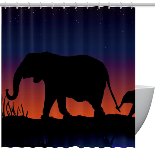 VAPOKF Shower Curtain for Bathroom Decor, Sunset Walking Elephants Waterproof Polyester Fabric Bath Curtain Set with 12 Hooks - 66x72 Inches