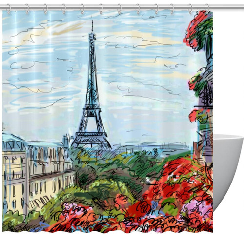 VAPOKF Shower Curtain for Bathroom Decor, Art City Painting Waterproof Polyester Fabric Bath Curtain Set with 12 Hooks - 66x72 Inches