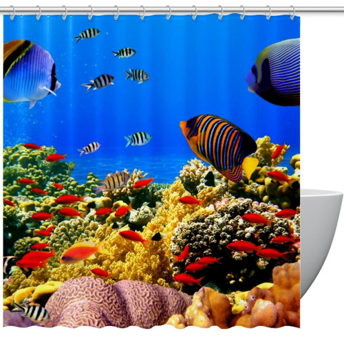 VAPOKF Shower Curtain for Bathroom Decor, Fishes Coral 3D Underwater World Waterproof Polyester Fabric Bath Curtain Set with 12 Hooks - 72x72 Inches