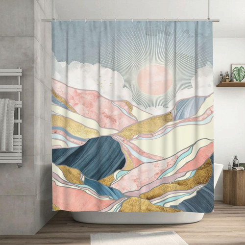 Yibuda Pink Mountain Sun Shower Curtain Nature Landscape Abstract Aesthetic Shower Curtain Fabric Polyester Waterproof Natural Bathroom Curtains with Hooks 60x72 in