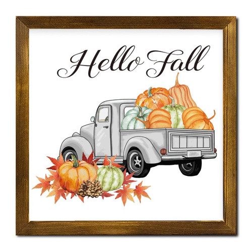 Hello Fall Grey Farm Pumpkin Truck Framed Wood Sign Maple Leaves Wooden Wall Art Signs Rustic Farm Harvest Wooden Wall Art Decorative for Home Kitchen Living Room Kitchen 12x12 inch