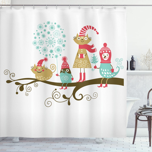 Ambesonne Christmas Shower Curtain, Cheerful Animals Costumes on The Tree Branch in Winter Theme, Cloth Fabric Bathroom Decor Set with Hooks, 69" W x 70" L, Pink Teal Ambesonne Christmas Shower Curtain, Cheerful Animals Costumes on The Tree Branch in Winter Theme, Cloth Fabric Bathroom Decor Set with Hooks, 69" W x 70" L, Pink Teal