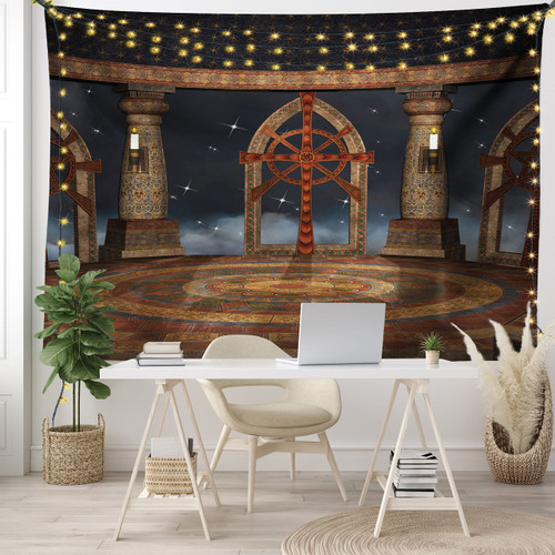 Ambesonne Medieval Tapestry, Gothic Building in the Sky Large Terrace Fantasy Architectural Image Print, Wall Hanging for Bedroom Living Room Dorm Decor, 40" X 60", Dark Grey Brown