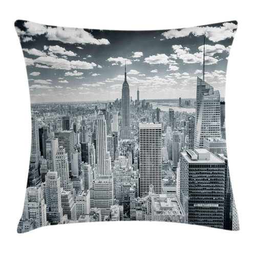 Ambesonne New York Throw Pillow Cushion Cover, NYC Over Manhattan from Top of Skyscrapers Urban Global Culture City Panorama, Decorative Square Accent Pillow Case, 18" X 18", Black Grey