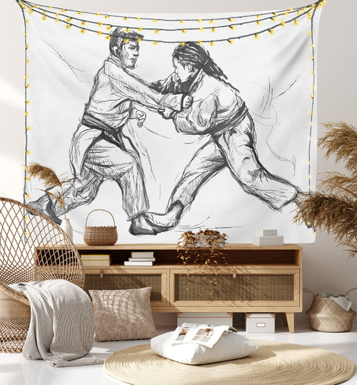 Ambesonne Asian Tapestry, Karate Eastern Martial Arts Practicing Men Traditional Hand Drawn Print, Wall Hanging for Bedroom Living Room Dorm Decor, 40" X 60", Grey White