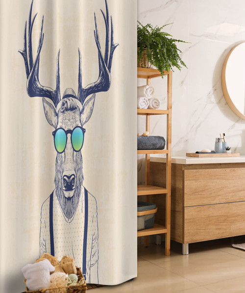 Ambesonne Antlers Stall Shower Curtain, Illustration of Deer Dressed up Like Cool Hipster Fashion Creative Fun Animal, Fabric Bathroom Decor Set with Hooks, 36" W x 72" L, Beige Dark Blue