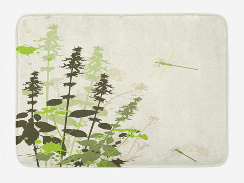 Ambesonne Dragonfly Bath Mat, Nature Plants Grass with Wildflowers with Paintbrush Effects Print, Plush Bathroom Decor Mat with Non Slip Backing, 29.5" X 17.5", Green Cream