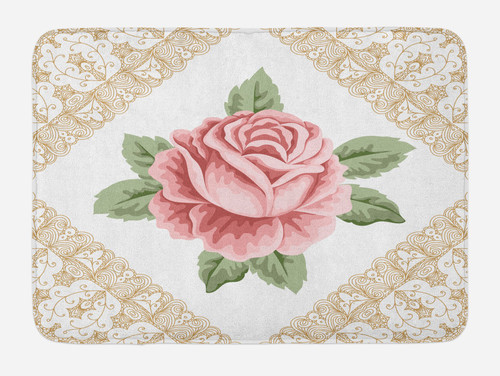 Lunarable Floral Bath Mat, Lace Ornate Vintage Rose Petal Floret Shabby Form Pattern, Plush Bathroom Decor Mat with Non Slip Backing, 29.5" X 17.5", Green Brown