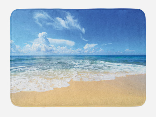 Lunarable Ocean Bath Mat, Waves and Paradise Beach Sky Sun Endless Summer Sea Coast View Tropic Print, Plush Bathroom Decor Mat with Non Slip Backing, 29.5" X 17.5", Cream Blue