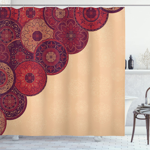 Lunarable Burgundy Shower Curtain, Framework Design with Traditional Mandala Motifs Abstract Flowers, Cloth Fabric Bathroom Decor Set with Hooks, 69" W x 70" L, Multicolor