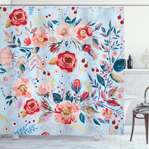 Ambesonne Floral Shower Curtain, Shabby Form Flowers Roses Petals Dots Leaves Buds Spring Season Theme Image Artwork, Cloth Fabric Bathroom Decor Set with Hooks, 69" W x 70" L, Coral Blue