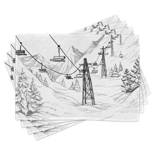 Lunarable Winter Place Mats Set of 4, Ski Lift Fir Trees Monochrome Seasonal Holiday Destination Themed Sketch, Washable Fabric Placemats for Dining Table, Standard Size, Charcoal White Lunarable Winter Place Mats Set of 4, Ski Lift Fir Trees Monochrome Seasonal Holiday Destination Themed Sketch, Washable Fabric Placemats for Dining Table, Standard Size, Charcoal White