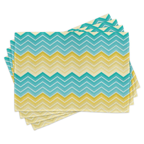 Lunarable Yellow and Blue Place Mats Set of 4, Horizontal Chevron Motifs Zigzag Lines Pattern Ombre Inspired Design, Washable Fabric Placemats for Dining Room Kitchen Table Decor, Aqua Mustard