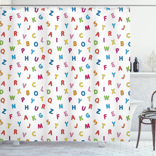 Lunarable Alphabet Shower Curtain, Playroom Style Alphabet Fonts in Various Tones on White Background Study, Cloth Fabric Bathroom Decor Set with Hooks, 69" W x 70" L, Multicolor