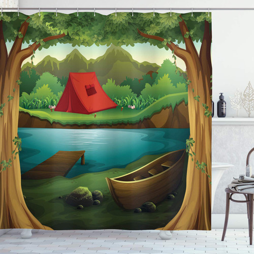 Lunarable Camping Shower Curtain, Idyllic Nature Scene of a Deep Forest with Lake and Mountains Cartoon Woodland, Cloth Fabric Bathroom Decor Set with Hooks, 69" W x 70" L, Multicolor