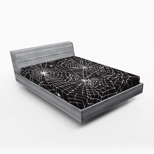 Lunarable Spiderweb Fitted Sheet, Greyscale Halloween Style Web Design Composition Scary Themes Print, Soft Decorative Fabric Bedding All-Round Elastic Pocket, Full Size, Charcoal Grey