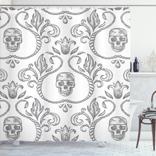 Ambesonne Gothic Shower Curtain, Ornament Skull Goth Skeleton Floral Motifs in Baroque Style Illustration, Cloth Fabric Bathroom Decor Set with Hooks, 69" W x 70" L, Pale Grey